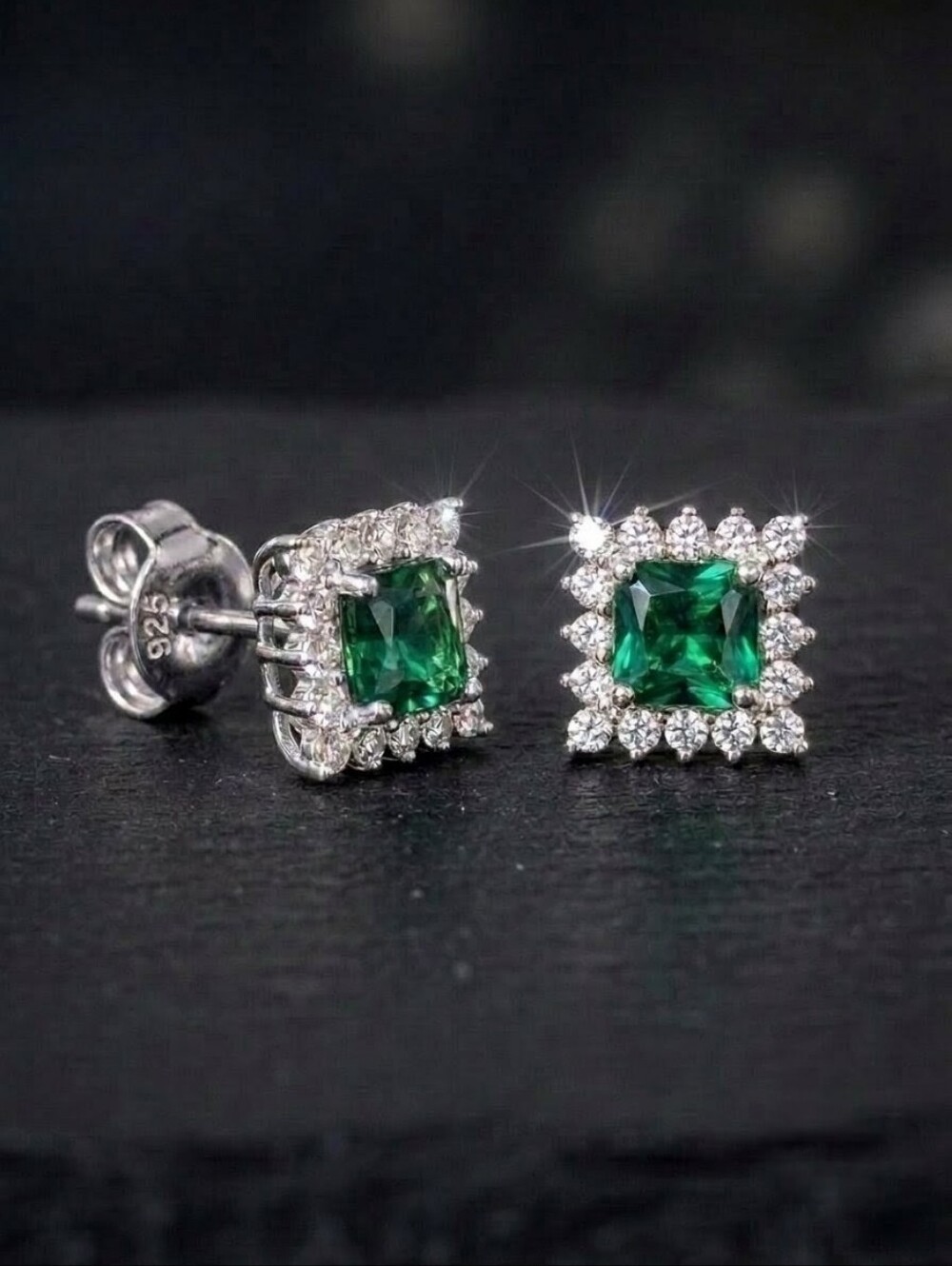 7mm Green Nano Emerald Square Halo Studs 18K Gold Vermeil 925 Silver | AAQuatif